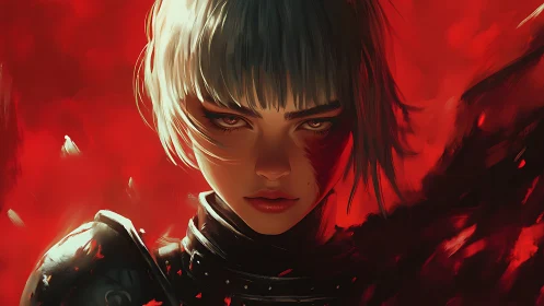 Fierce silver‑haired warrior stares through a storm of red fury