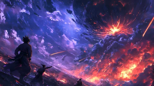 Figures observe large sky explosion with descending fire