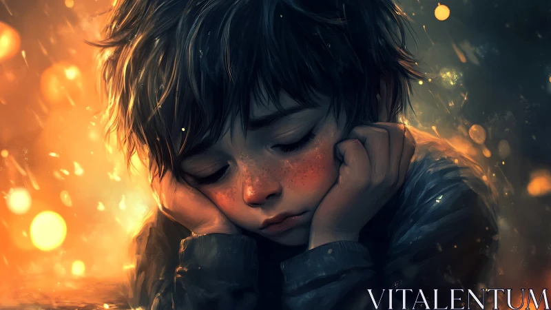 Sleepy freckled dreamer resting in a glow of soft light.