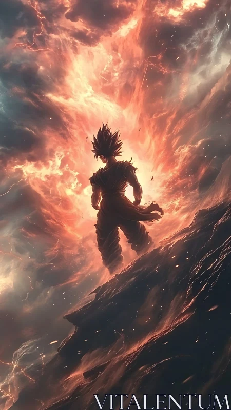 Saiyan warrior ascends through blazing celestial storm.