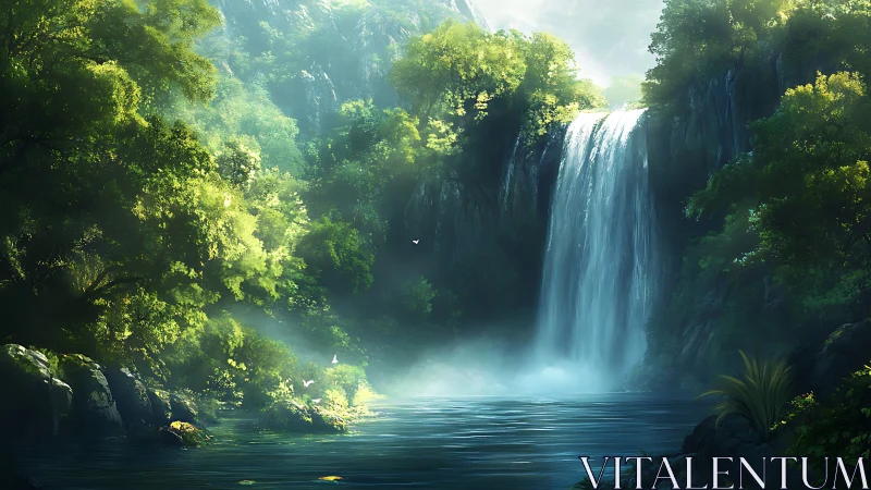 Waterfall cascade through dense forest vegetation with atmospheric mist