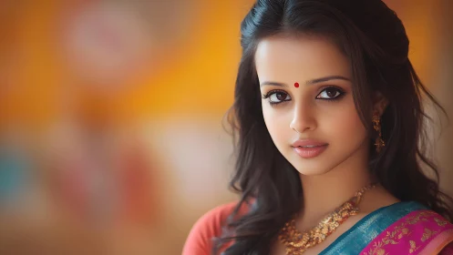 Graceful woman in saree gazes softly against warm bokeh