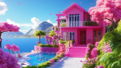 Dreamy pink seaside villa glows under soft coastal light