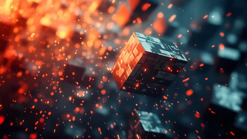 Futuristic Digital Cube in Fiery Abstract Space, 3D Rendered Art.