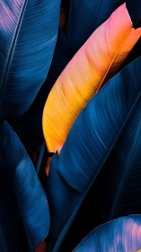 Color-contrasted banana leaves in close, vertical framing.