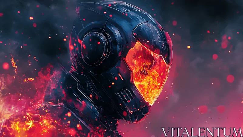 Futuristic armored soldier with molten visor in flames.