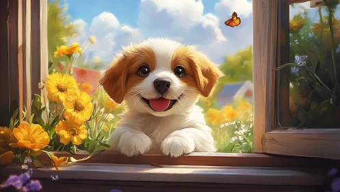 Sunlit puppy daydreams at a flower-bright cottage window.