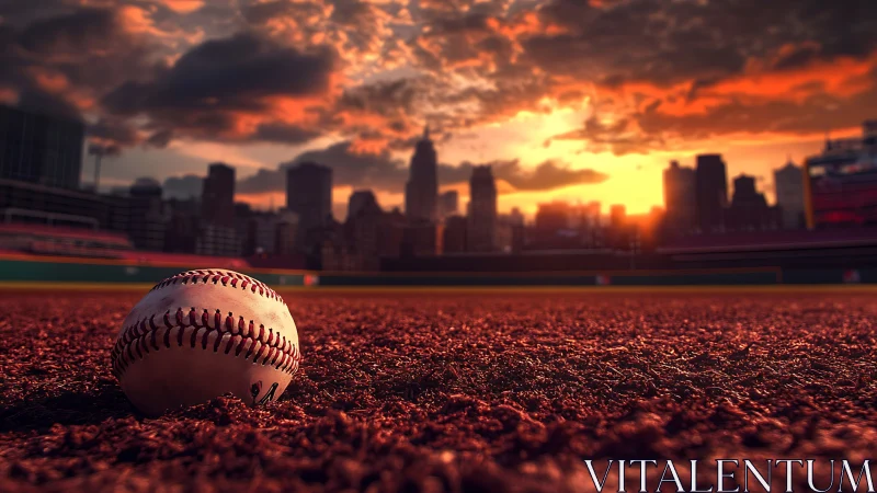 Baseball resting on infield dirt under dramatic sunset.