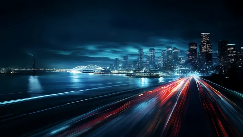 Night urban skyline with river bridge and traffic trails.