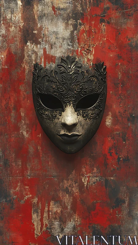 Ornate dark mask mounted on distressed red painted wall