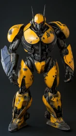 Battle-scarred yellow mech stands like a knight of wreckage