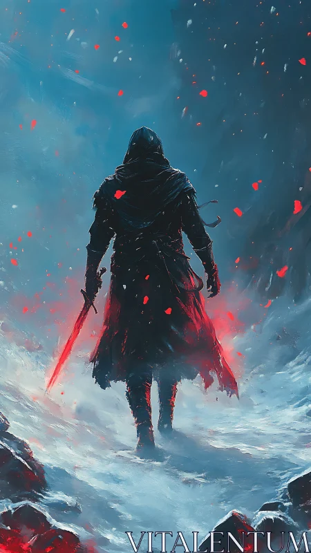 Lone hooded warrior strides through frozen inferno of snow