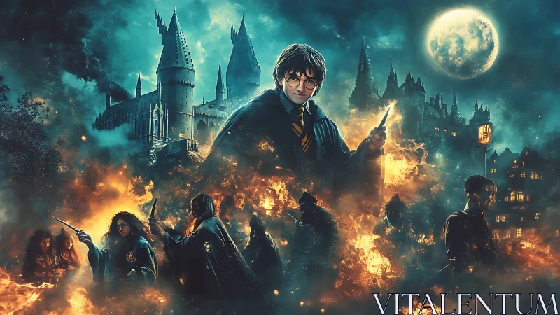 Wizarding school battle scene with castle and full moon.
