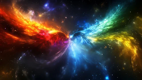 Cosmic phoenix wings unfurl in a vibrant interstellar clash