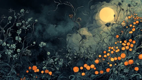 Moonlit hillside shows glowing orange flowers under night sky
