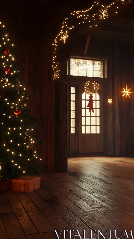 Rustic cabin entry with glowing Christmas tree lights.