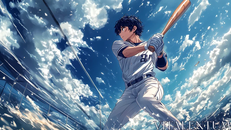 Skyline slugger poised beneath streaking summer clouds.