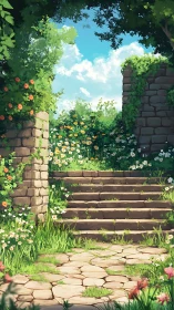 Stone garden steps bordered by dense flowering vegetation.