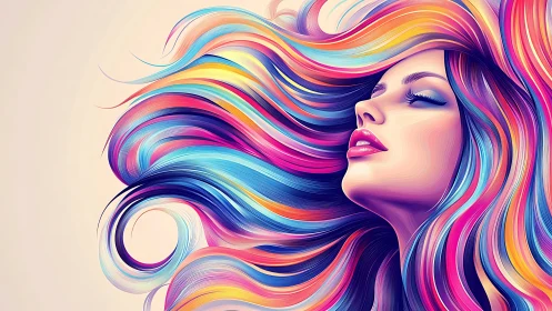 Colorful flowing hair swirls around a serene dreamy face
