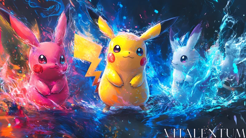 Electric mascot trio in neon elemental splash environment.