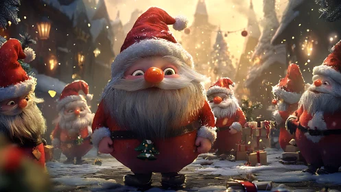 Cute stylized Santas crowd snowy village street scene.