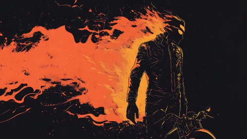 Flaming motorcyclist silhouette in bold orange and black art