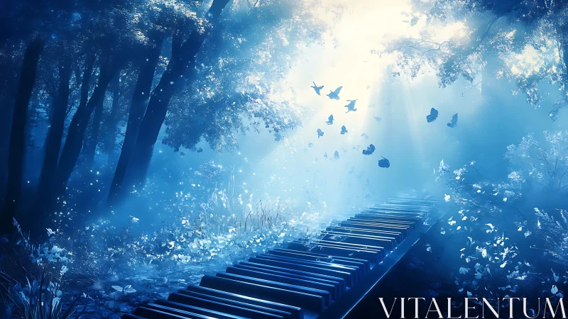 Surreal blue forest with piano key path and butterflies.