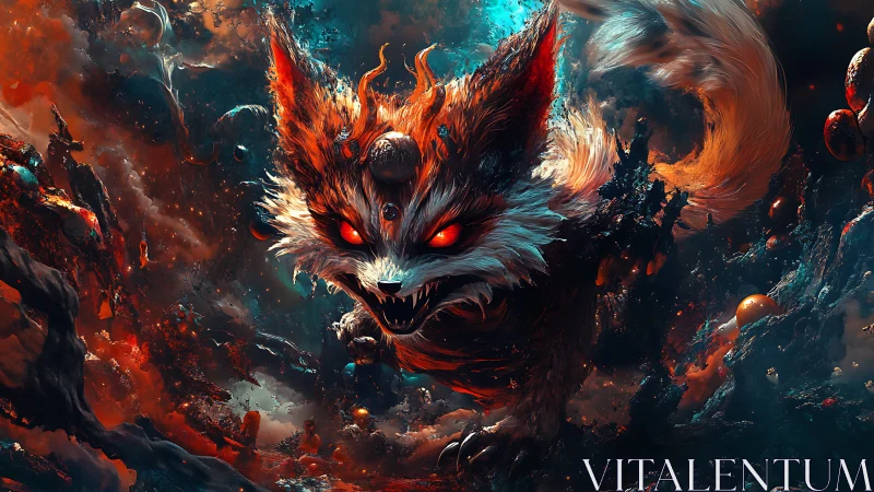 Three-eyed infernal fox rendered in high-contrast digital painting