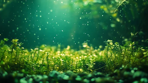 Luminous forest floor macro with drifting particulate light.