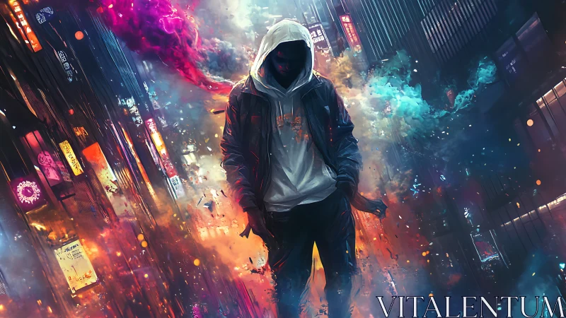 Hooded figure in neon cyberpunk city street at night.