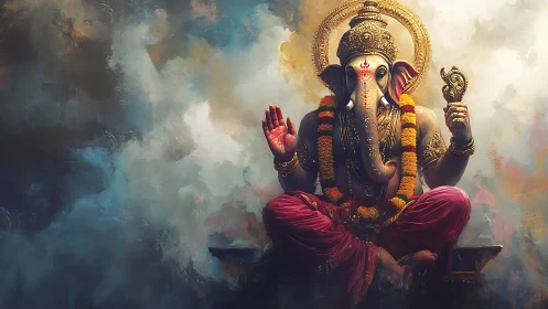 Digital painting of Lord Ganesha seated in clouds.