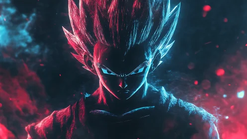 Intense anime warrior portrait in red and blue light.