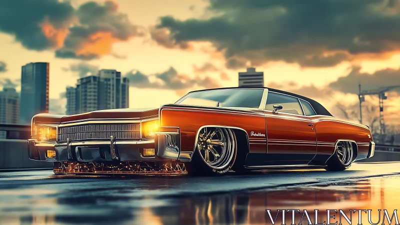 Lowrider classic car on wet rooftop amid city skyline.
