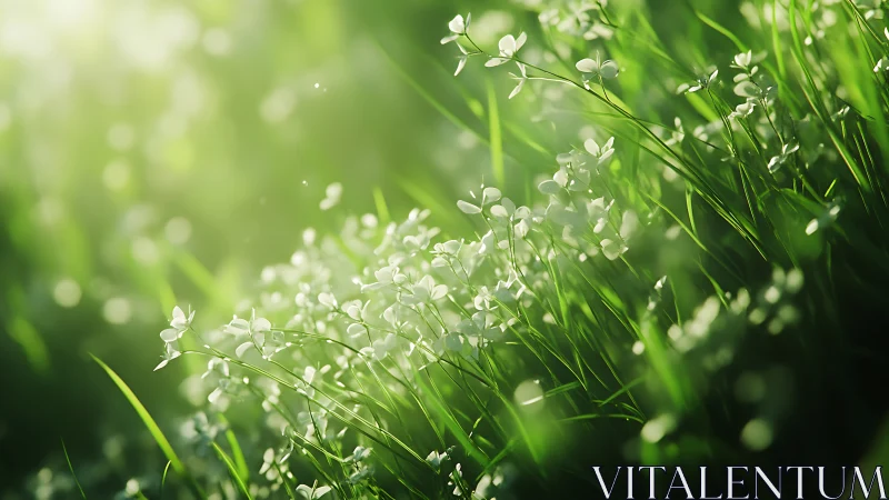 Sunlit meadow whispers with dew-kissed white wildflowers.