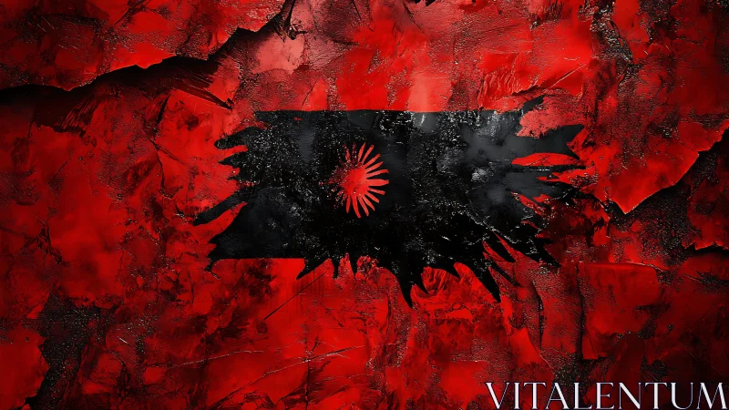 Crimson fractures cradle a black sunburst flag in eruption