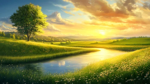 Sunlit river curls through wildflower meadows toward evening