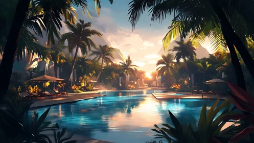 Tropical resort pool environment with palm vegetation and sunset lighting