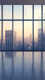 Empty high rise interior with city skyline window view.