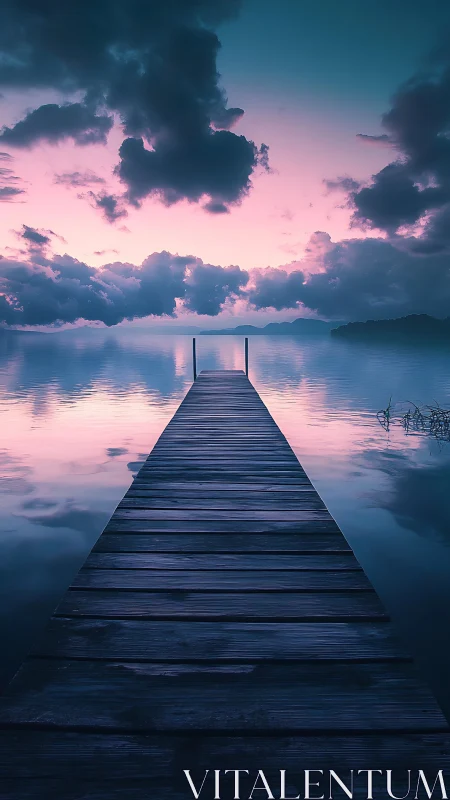 Twilight pier stretches toward cotton-cloud gateways over glass