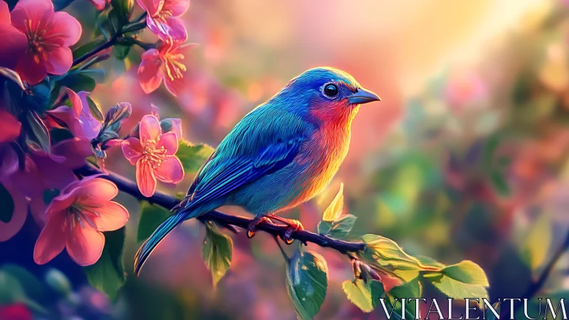 Vibrant blue and orange songbird on flowering branch, digital art.