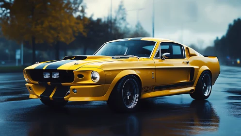Yellow classic fastback coupe is parked on wet asphalt