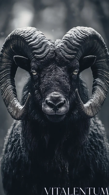 Black horned ram in direct frontal winter portrait.
