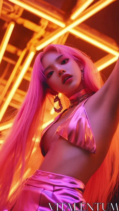 Neon-lit portrait of pink-haired figure in reflective attire