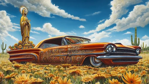 Golden lowrider glides through desert blooms under bright skies