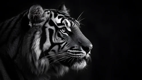 Side-lit tiger portrait isolates intense gaze in darkness