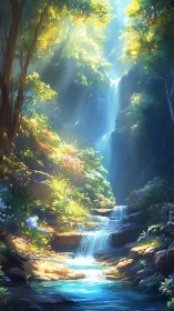 Sunlit forest waterfall where quiet daydreams linger.