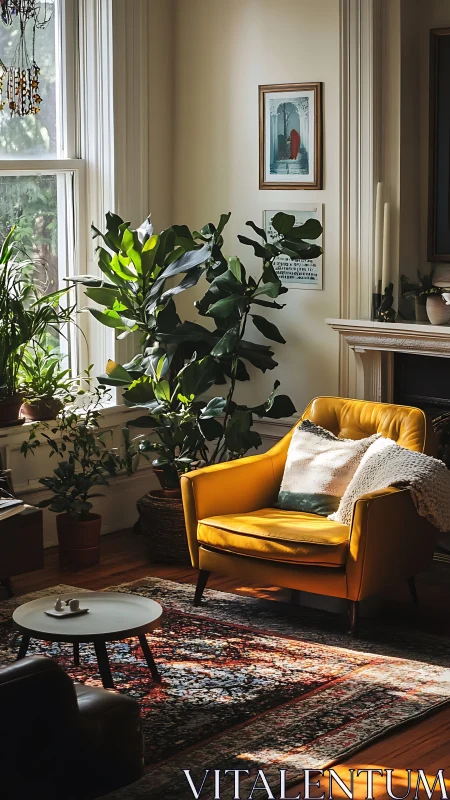 Daylit reading corner with mustard lounge chair and plants.