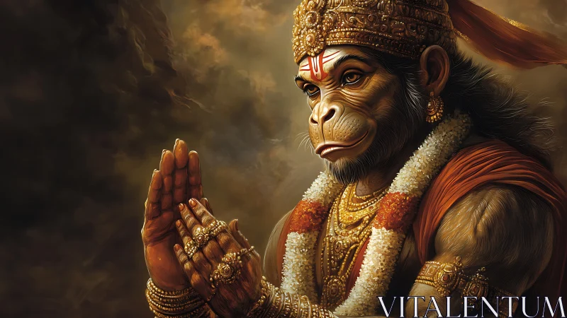 Monkey deity in ornate jewelry with folded hands portrait.