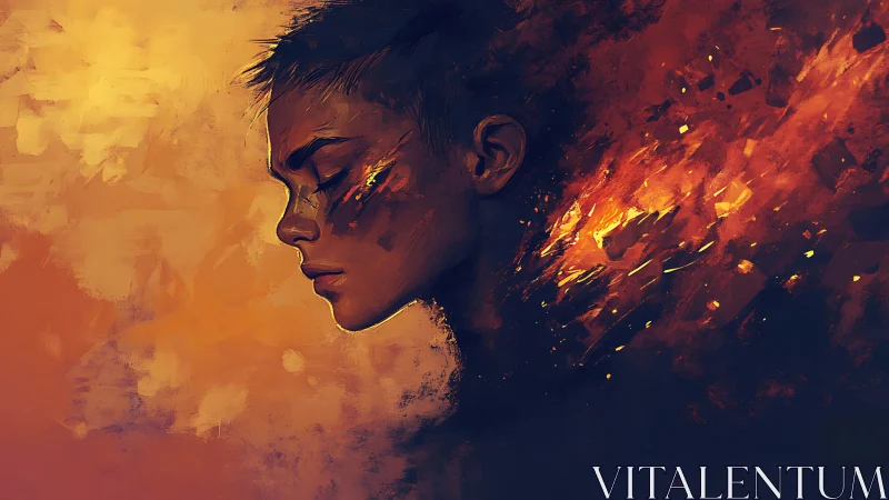 Solitary profile dissolves into cascading digital flames.