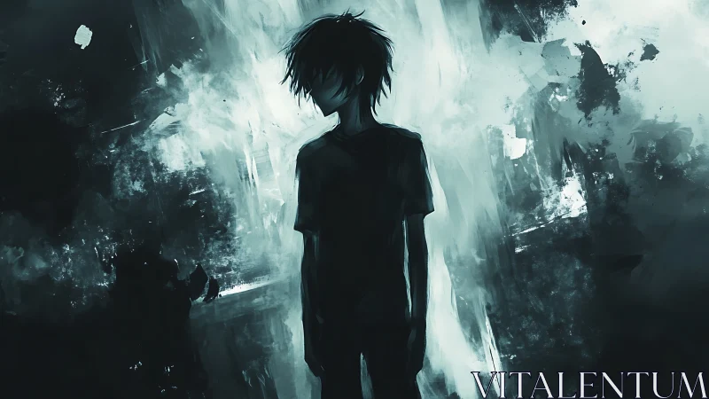 Solitary silhouetted figure in dark abstract space.